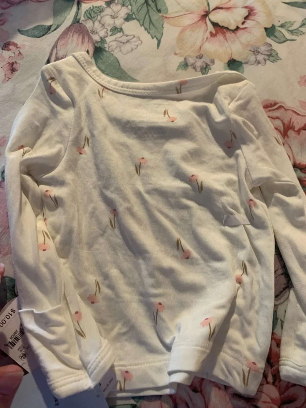 Carters White Long Sleeve Baby Top with Pink Floral Sprigs Newborn Size 0